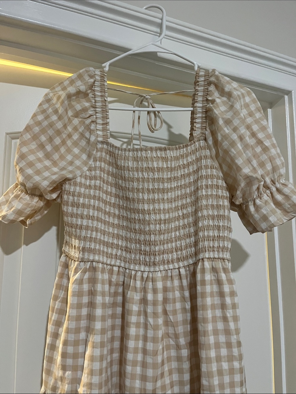 Beige Gingham Smocked Midi Dress - Picture 2 of 5
